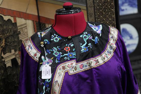 A Chinese embroidered purple satin robe, drop 4ft 6in approx.